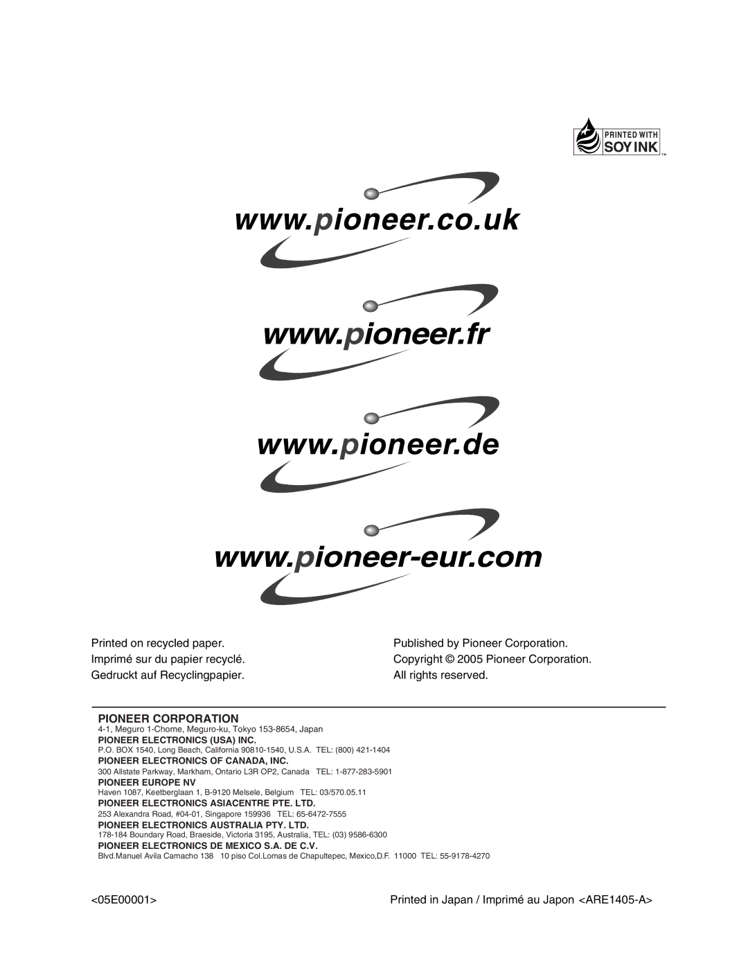 Pioneer PDP-436RXE manual Pioneer Corporation, Pioneer Europe NV 