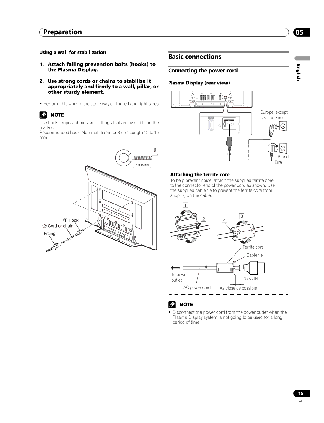 Pioneer PDP-436RXE Basic connections, Connecting the power cord, Plasma Display rear view, Attaching the ferrite core 