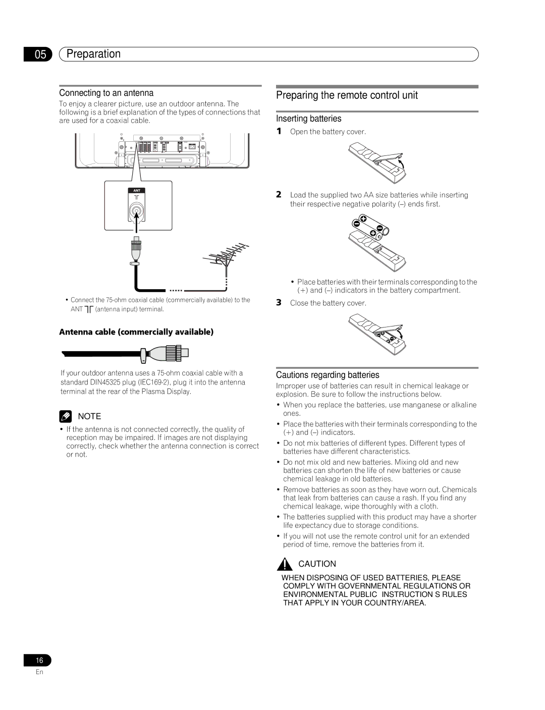 Pioneer PDP-436RXE manual Preparing the remote control unit, Connecting to an antenna, Inserting batteries 