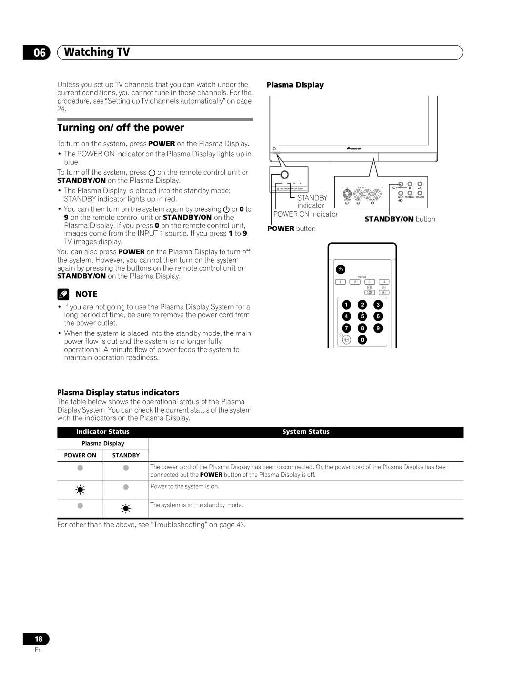 Pioneer PDP-436RXE manual Watching TV, Turning on/ off the power, Plasma Display status indicators 