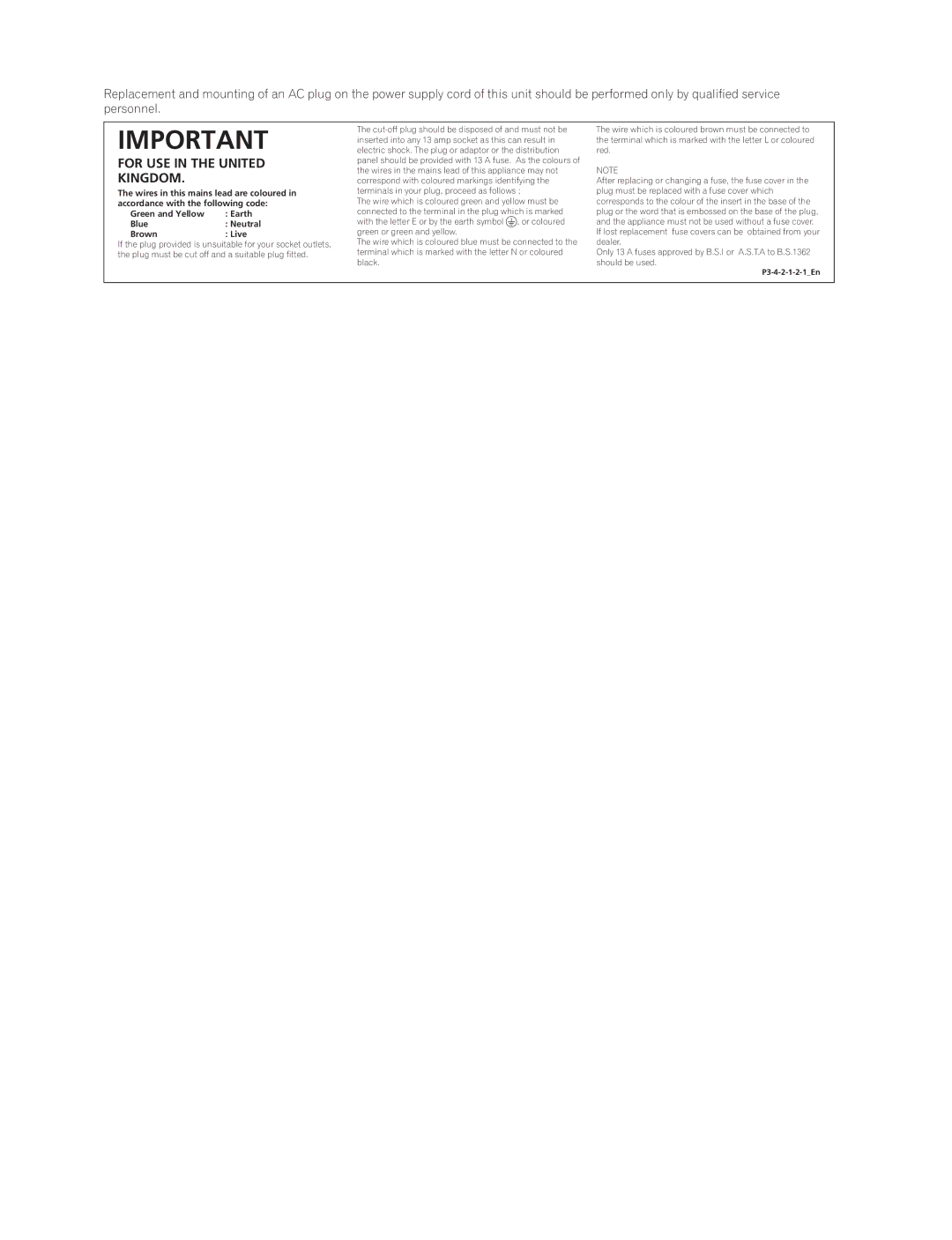 Pioneer PDP-436RXE manual For USE in the United Kingdom 