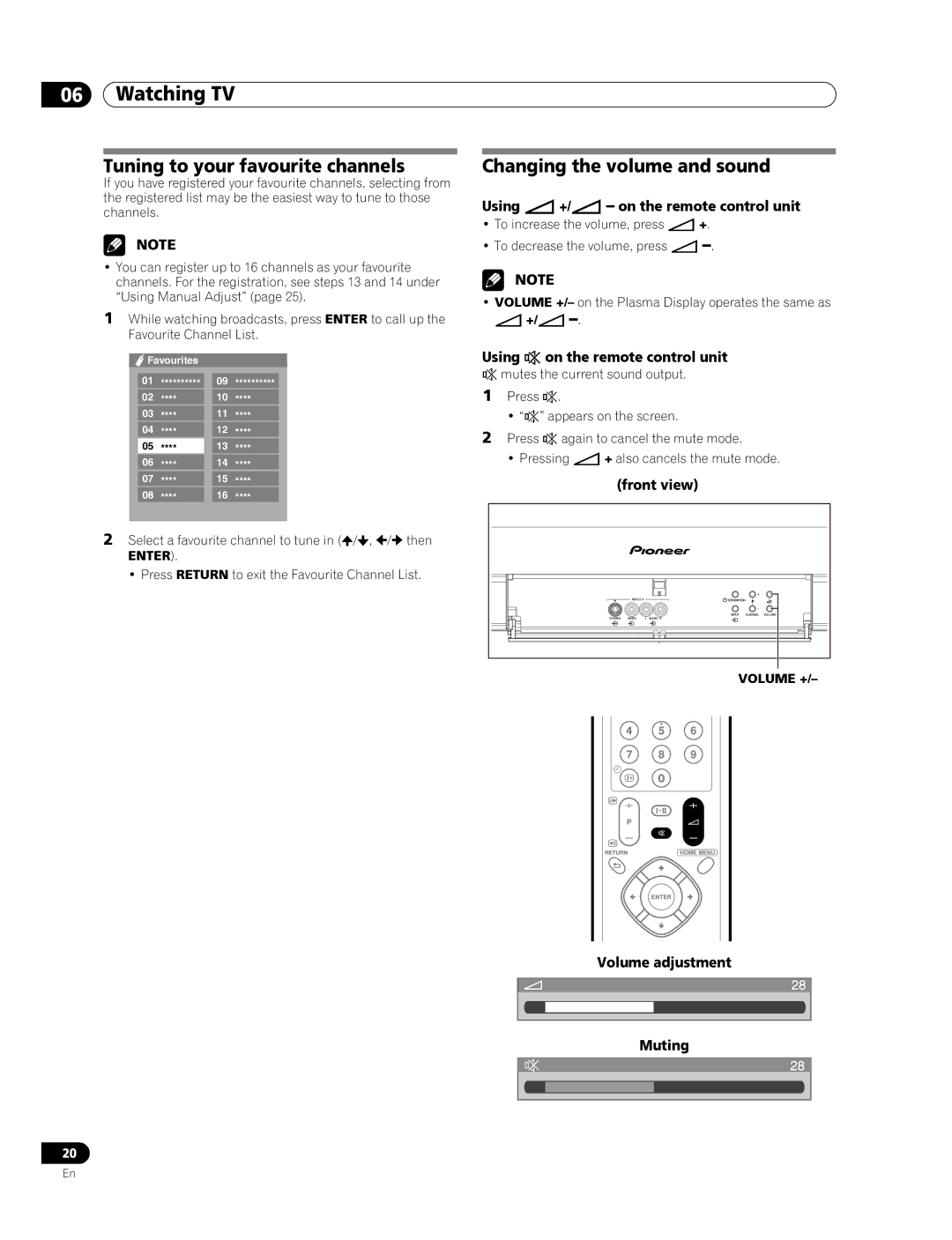 Pioneer PDP-436RXE Tuning to your favourite channels, Changing the volume and sound, Using eon the remote control unit 