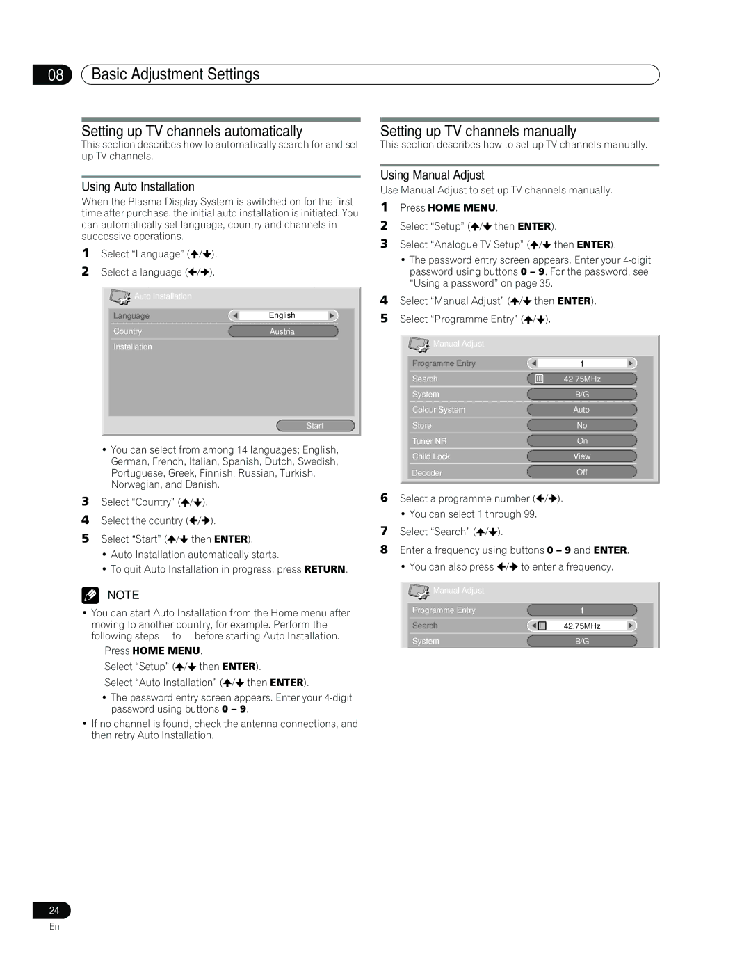 Pioneer PDP-436RXE Basic Adjustment Settings, Setting up TV channels automatically, Setting up TV channels manually 