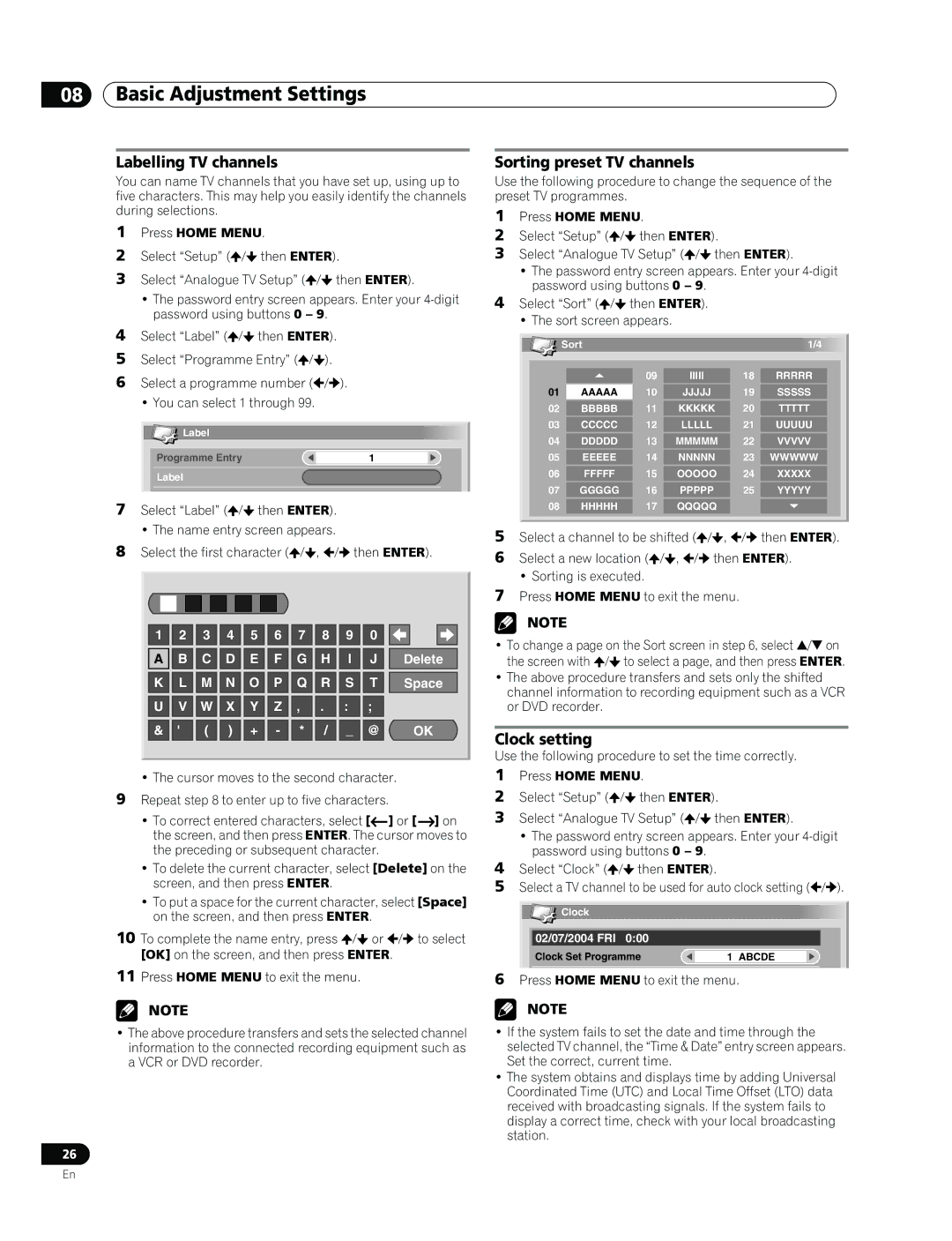 Pioneer PDP-436RXE manual Labelling TV channels, Sorting preset TV channels, Clock setting, 02/07/2004 FRI 