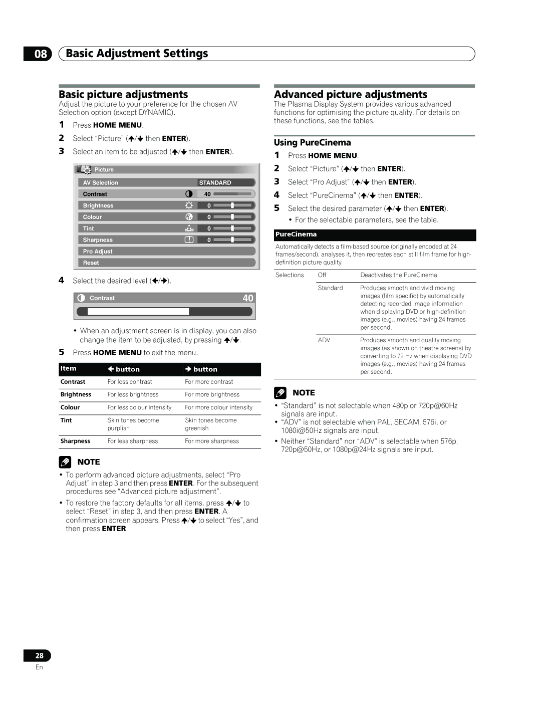 Pioneer PDP-436RXE Basic picture adjustments, Advanced picture adjustments, Using PureCinema, Select the desired level 