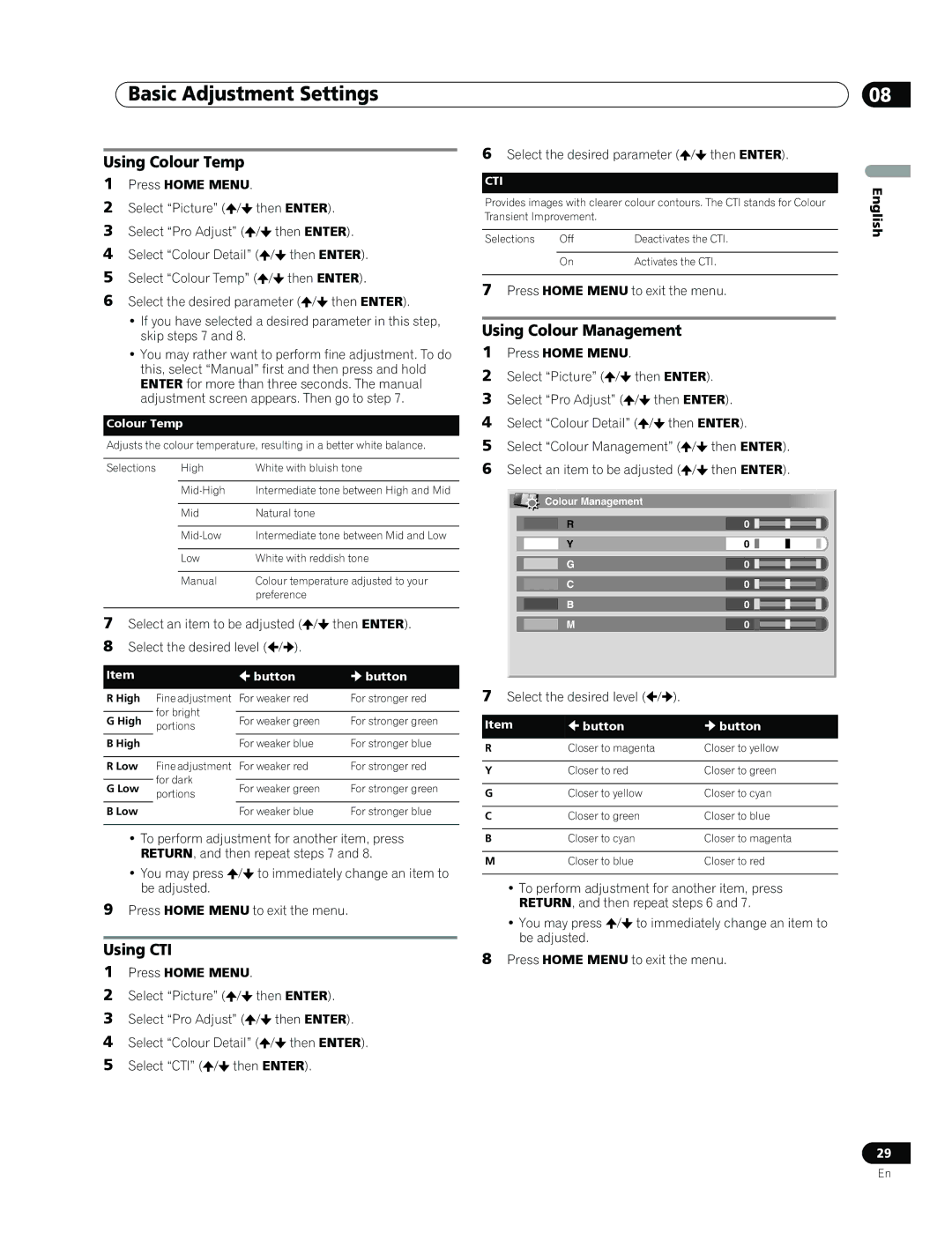 Pioneer PDP-436RXE manual Using Colour Temp, Using CTI, Using Colour Management 