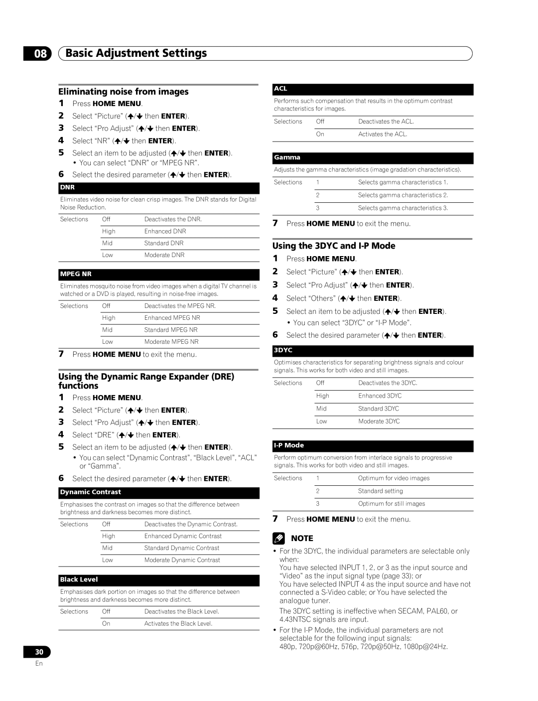Pioneer PDP-436RXE manual Eliminating noise from images, Using the Dynamic Range Expander DRE functions 