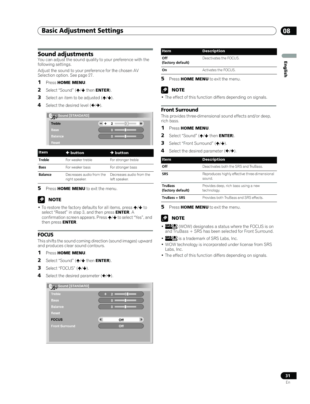 Pioneer PDP-436RXE manual Sound adjustments, Front Surround 