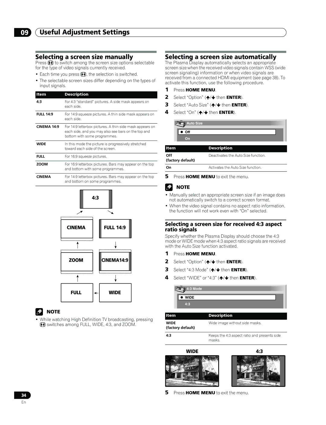 Pioneer PDP-436RXE Useful Adjustment Settings, Selecting a screen size manually, Selecting a screen size automatically 