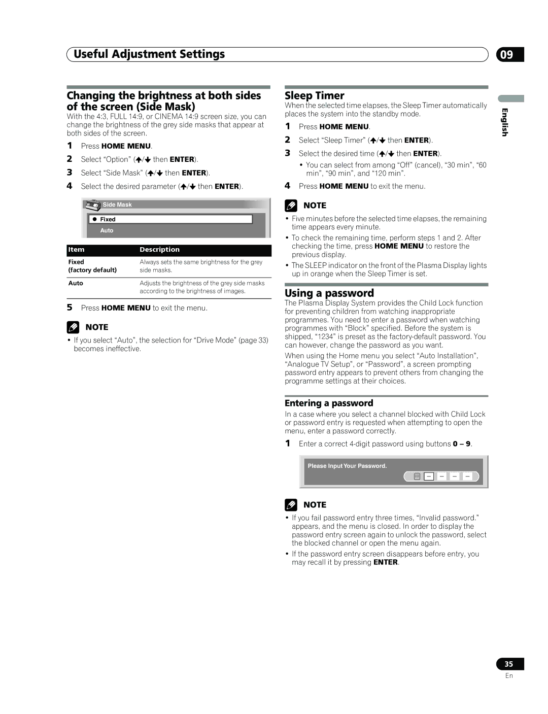 Pioneer PDP-436RXE manual Sleep Timer, Using a password, Entering a password 