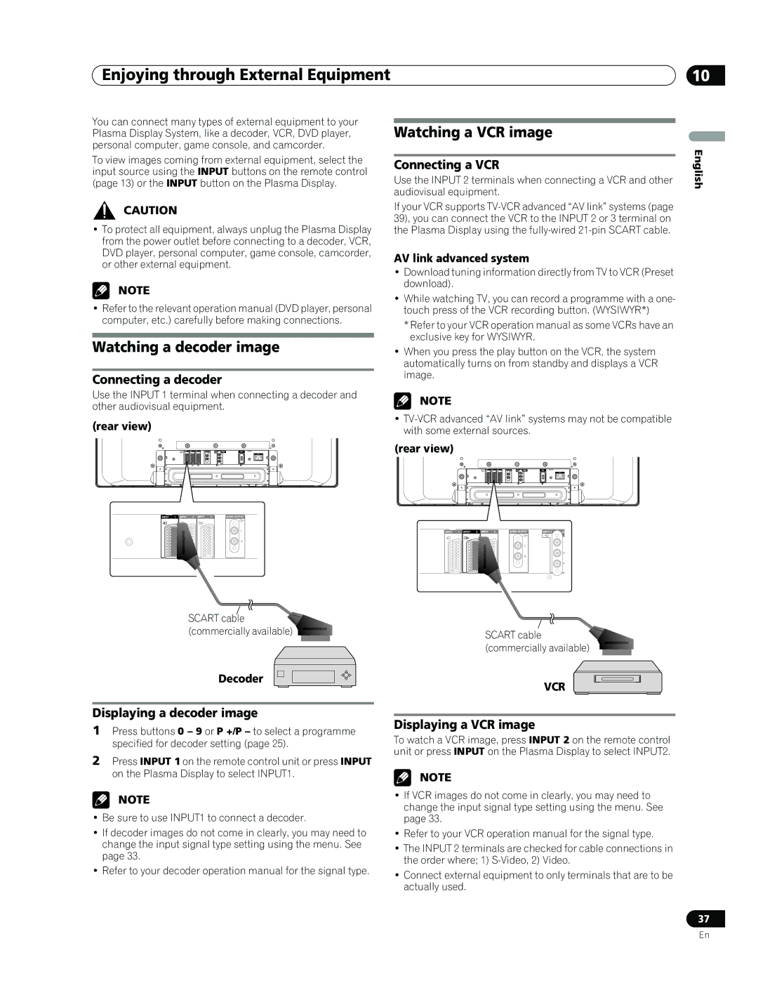 Pioneer PDP-436RXE manual Enjoying through External Equipment, Watching a decoder image, Watching a VCR image 