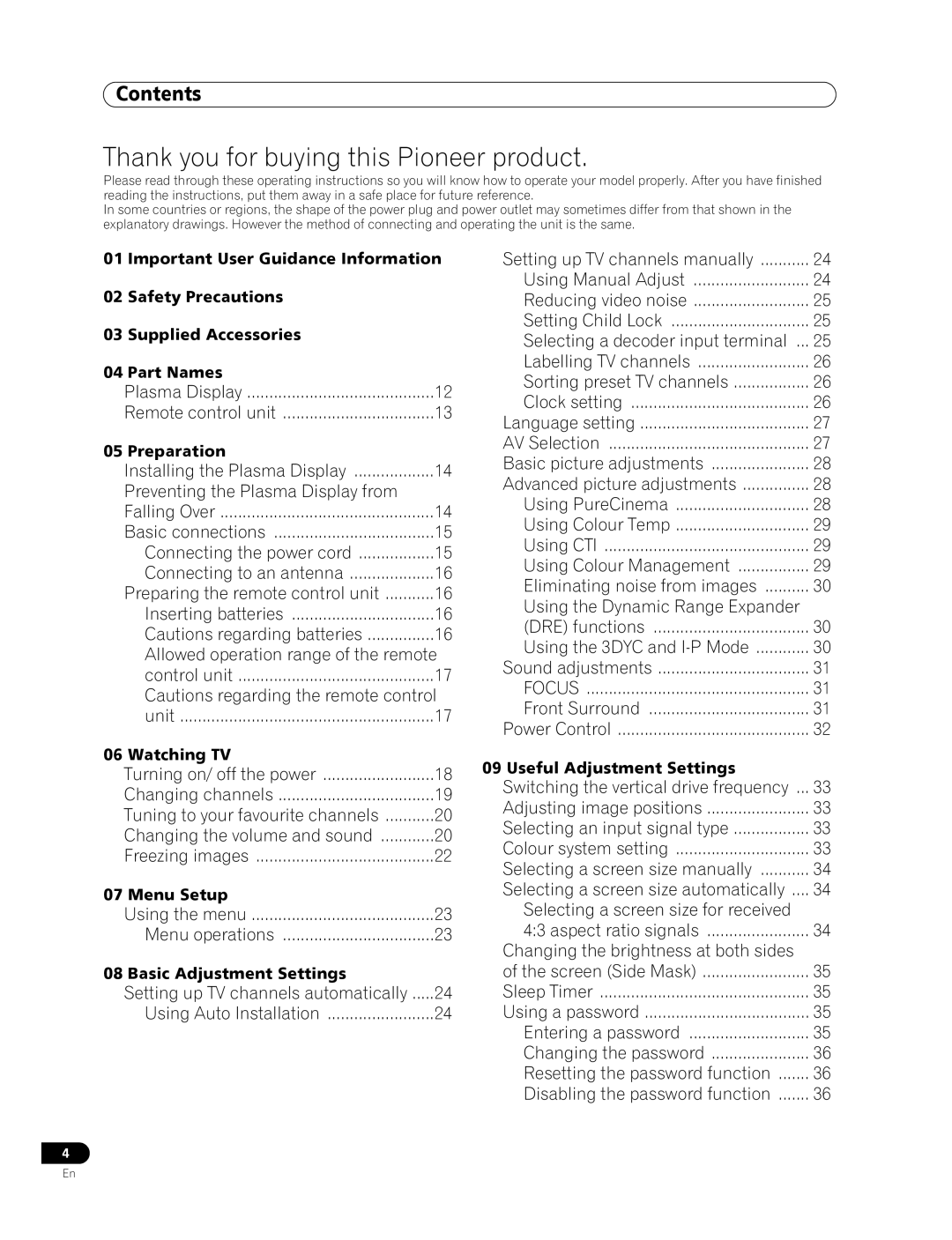 Pioneer PDP-436RXE manual Contents 