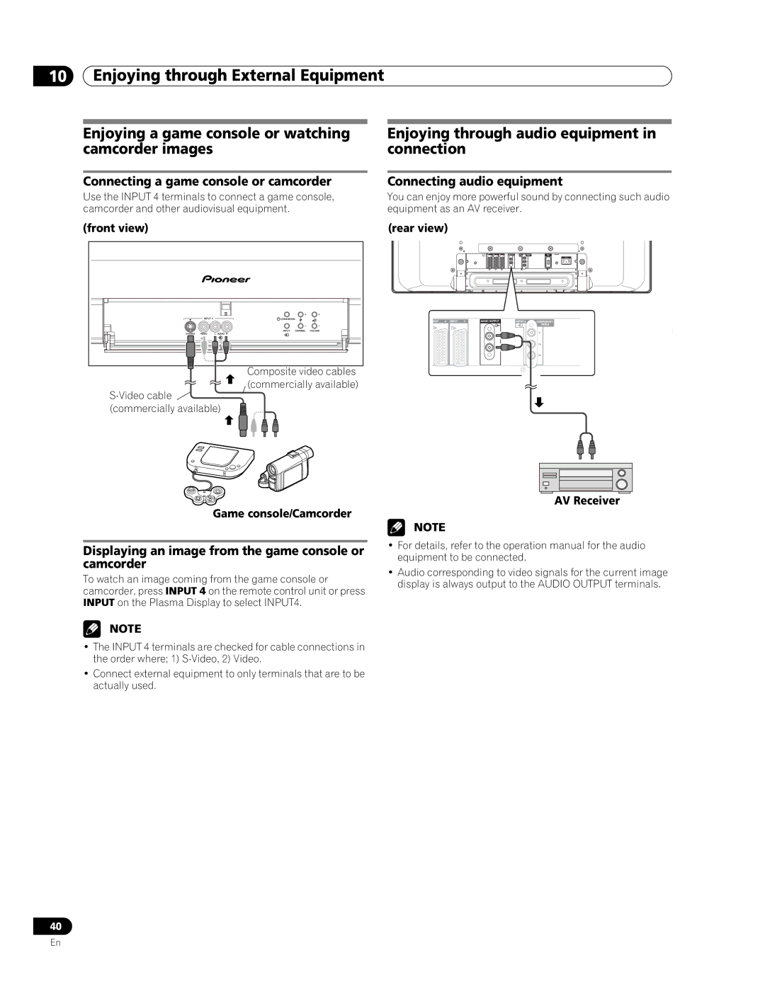 Pioneer PDP-436RXE Enjoying a game console or watching camcorder images, Enjoying through audio equipment in connection 
