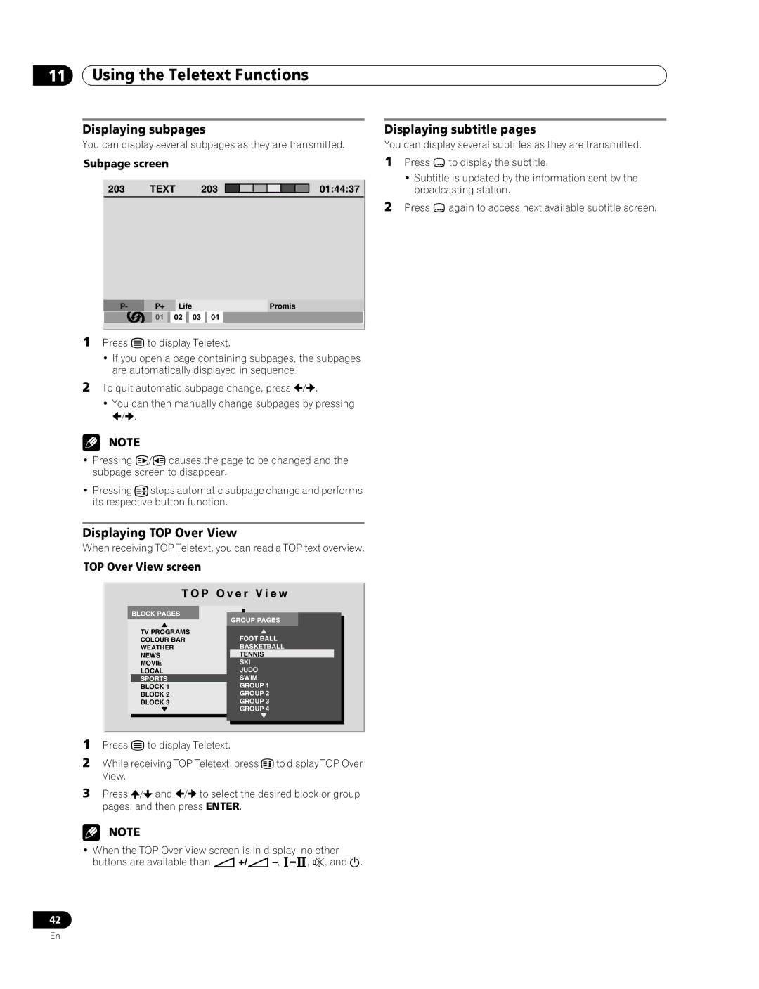 Pioneer PDP-436RXE manual Displaying subpages, Displaying TOP Over View, Displaying subtitle pages, Subpage screen 