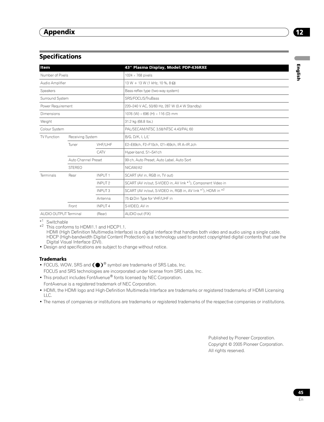 Pioneer manual Specifications, Trademarks, This conforms to HDMI1.1 and HDCP1.1, Plasma Display, Model PDP-436RXE 