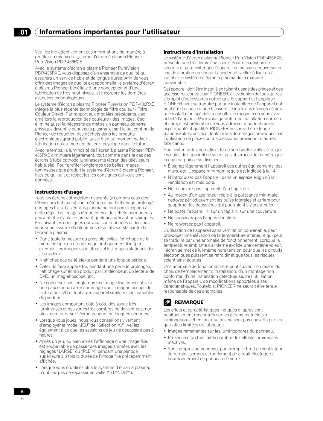 Pioneer PDP-436RXE manual Informations importantes pour l’utilisateur, Instructions d’usage, Instructions d’installation 