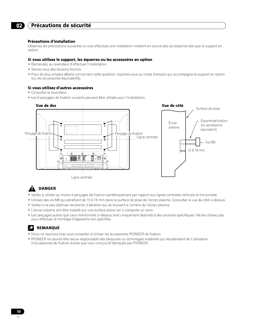 Pioneer PDP-436RXE manual 02 Précautions de sécurité, Précautions d’installation, Si vous utilisez d’autres accessoires 