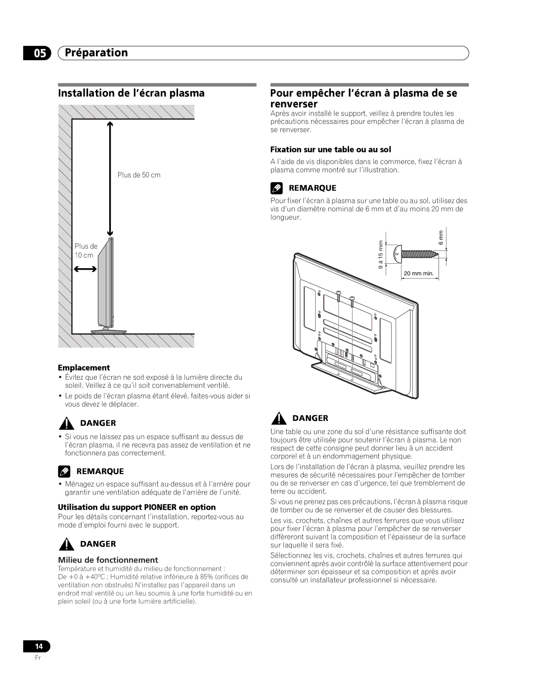 Pioneer PDP-436RXE manual 05 Préparation, Emplacement, Utilisation du support Pioneer en option, Milieu de fonctionnement 