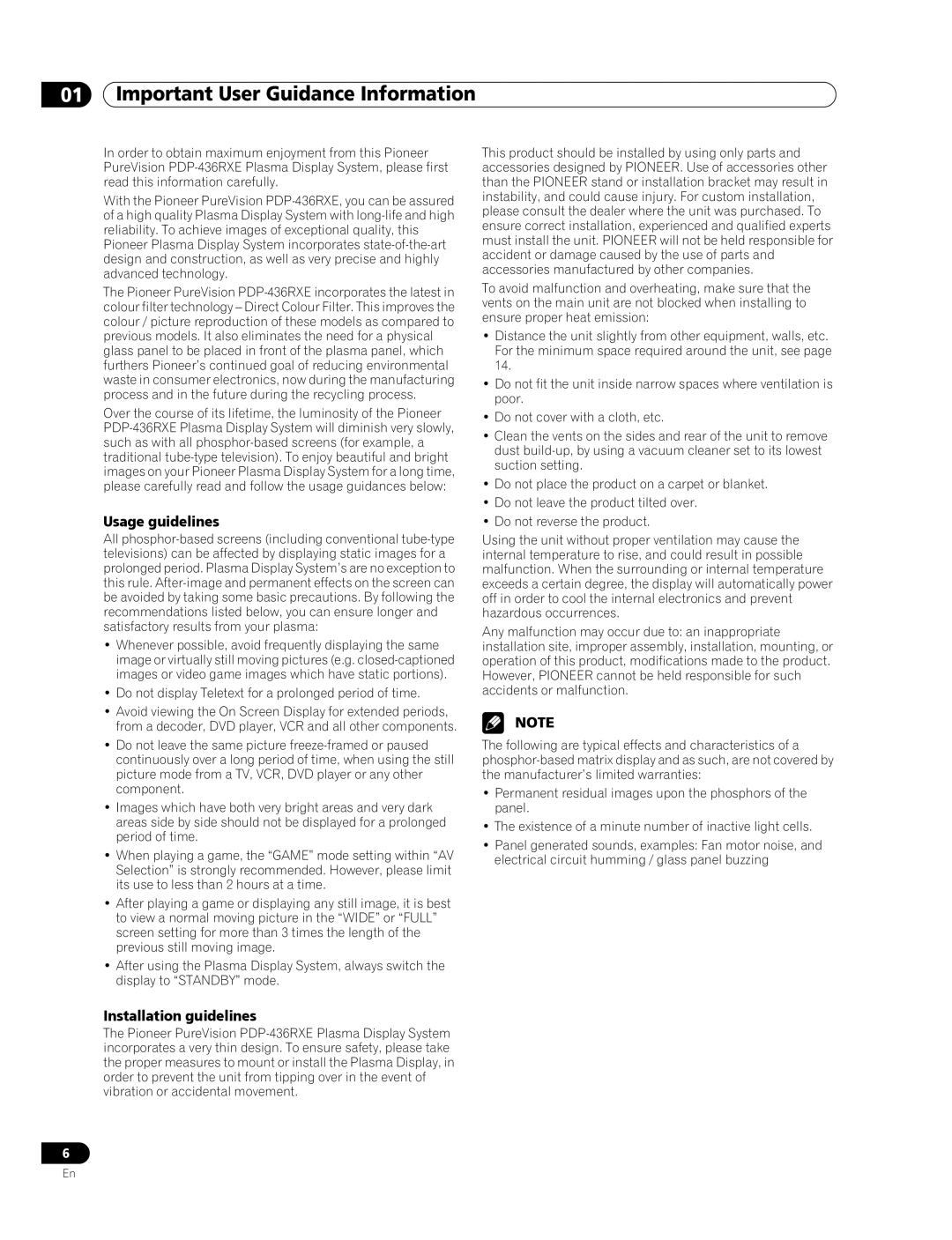 Pioneer PDP-436RXE manual Important User Guidance Information, Usage guidelines, Installation guidelines 