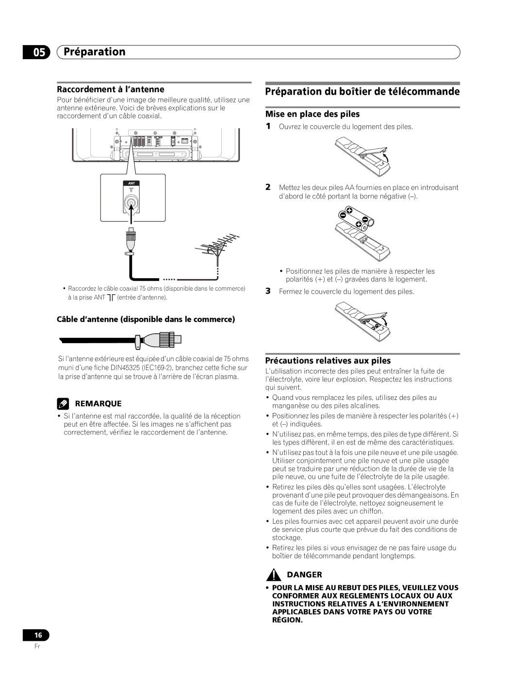 Pioneer PDP-436RXE manual Préparation du boîtier de télécommande, Raccordement à l’antenne, Mise en place des piles 