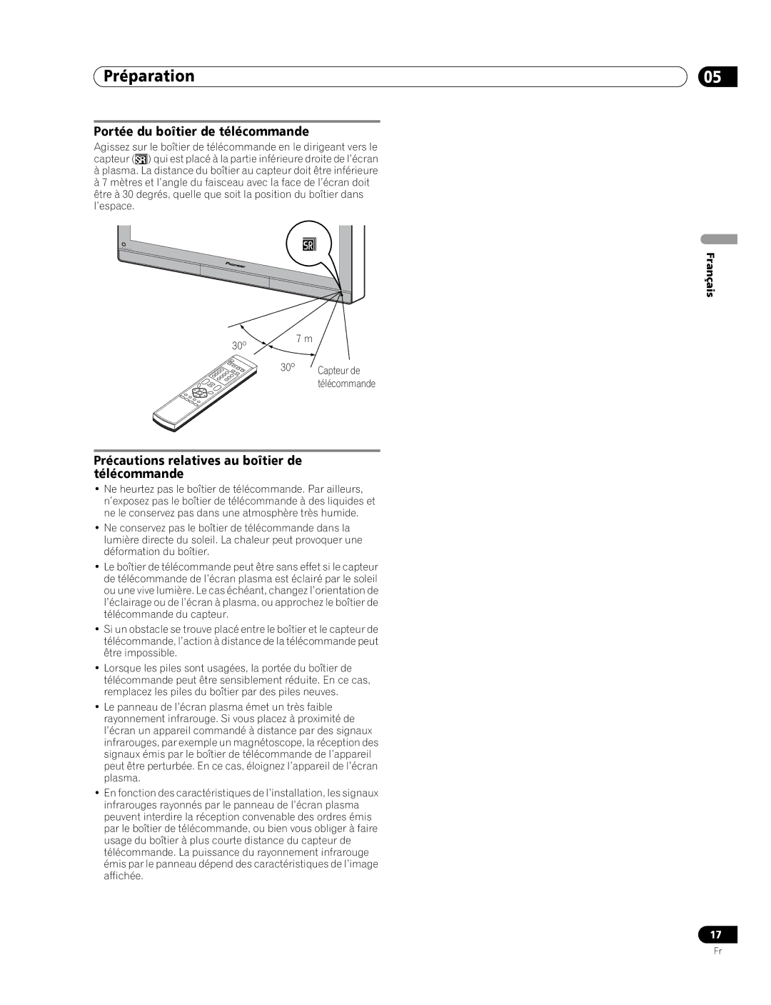 Pioneer PDP-436RXE Portée du boîtier de télécommande, Précautions relatives au boîtier de télécommande, 30º, Capteur de 
