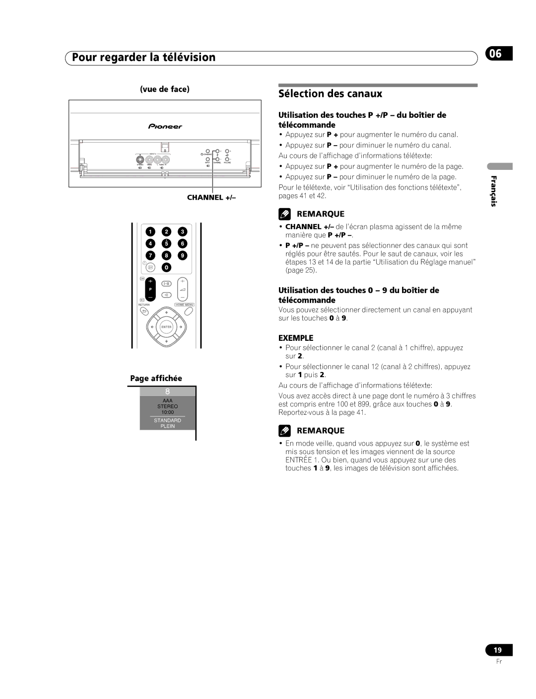 Pioneer PDP-436RXE manual Sélection des canaux, Exemple 