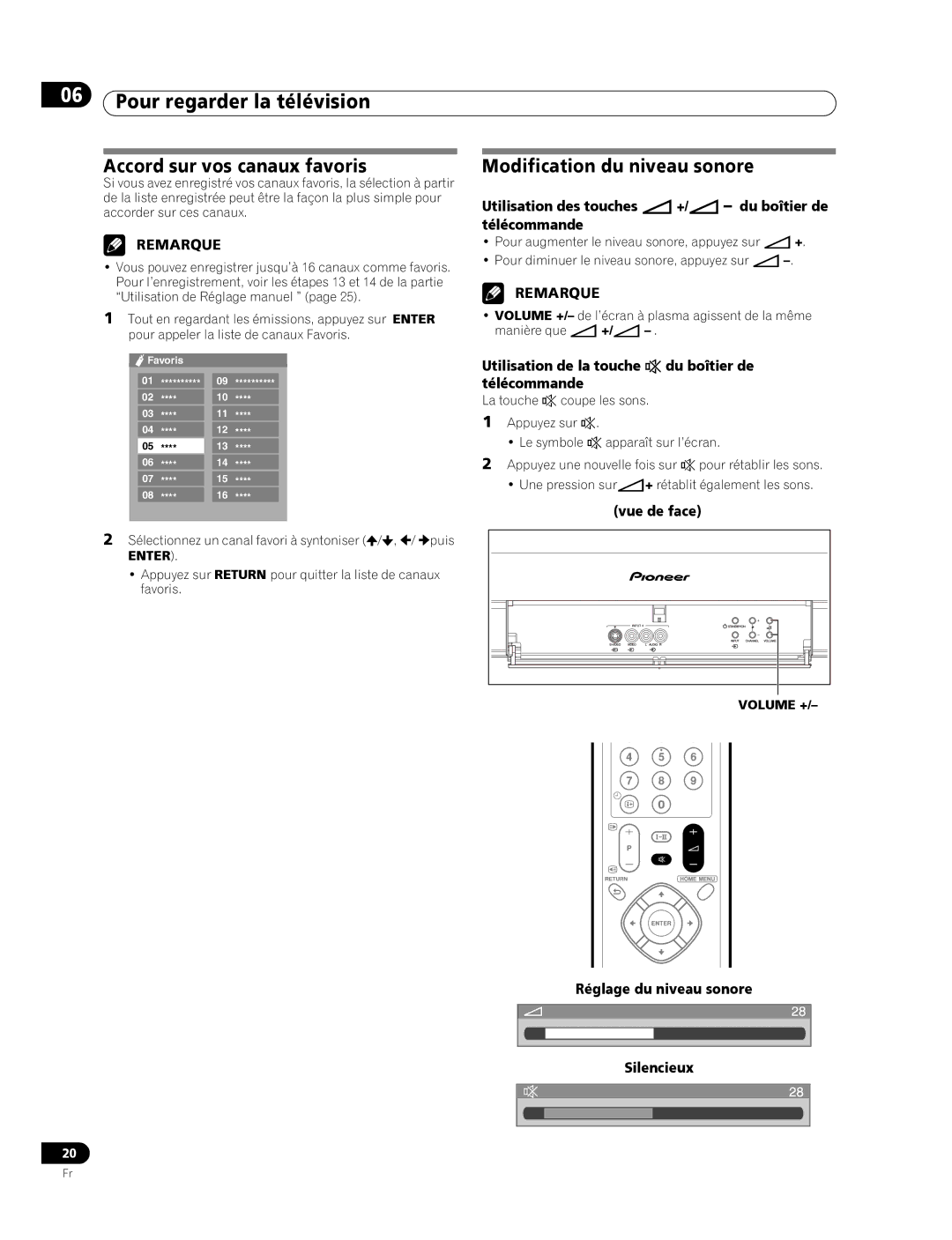 Pioneer PDP-436RXE manual Accord sur vos canaux favoris, Modification du niveau sonore, Réglage du niveau sonore Silencieux 