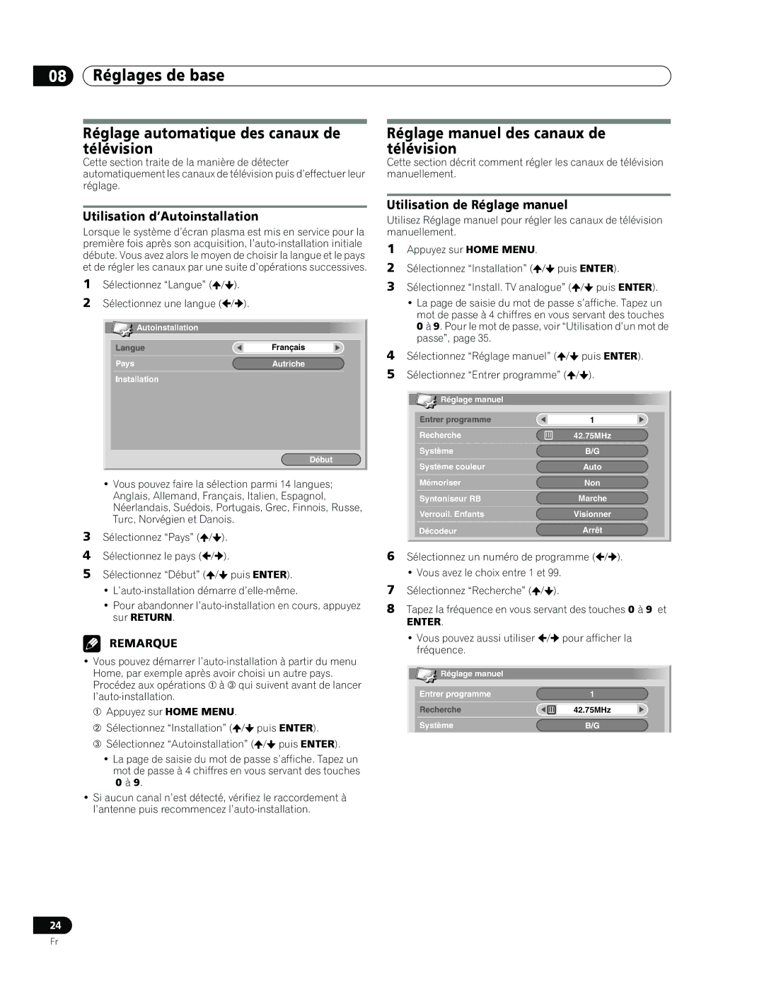 Pioneer PDP-436RXE manual 08 Réglages de base, Réglage automatique des canaux de télévision, Utilisation d’Autoinstallation 