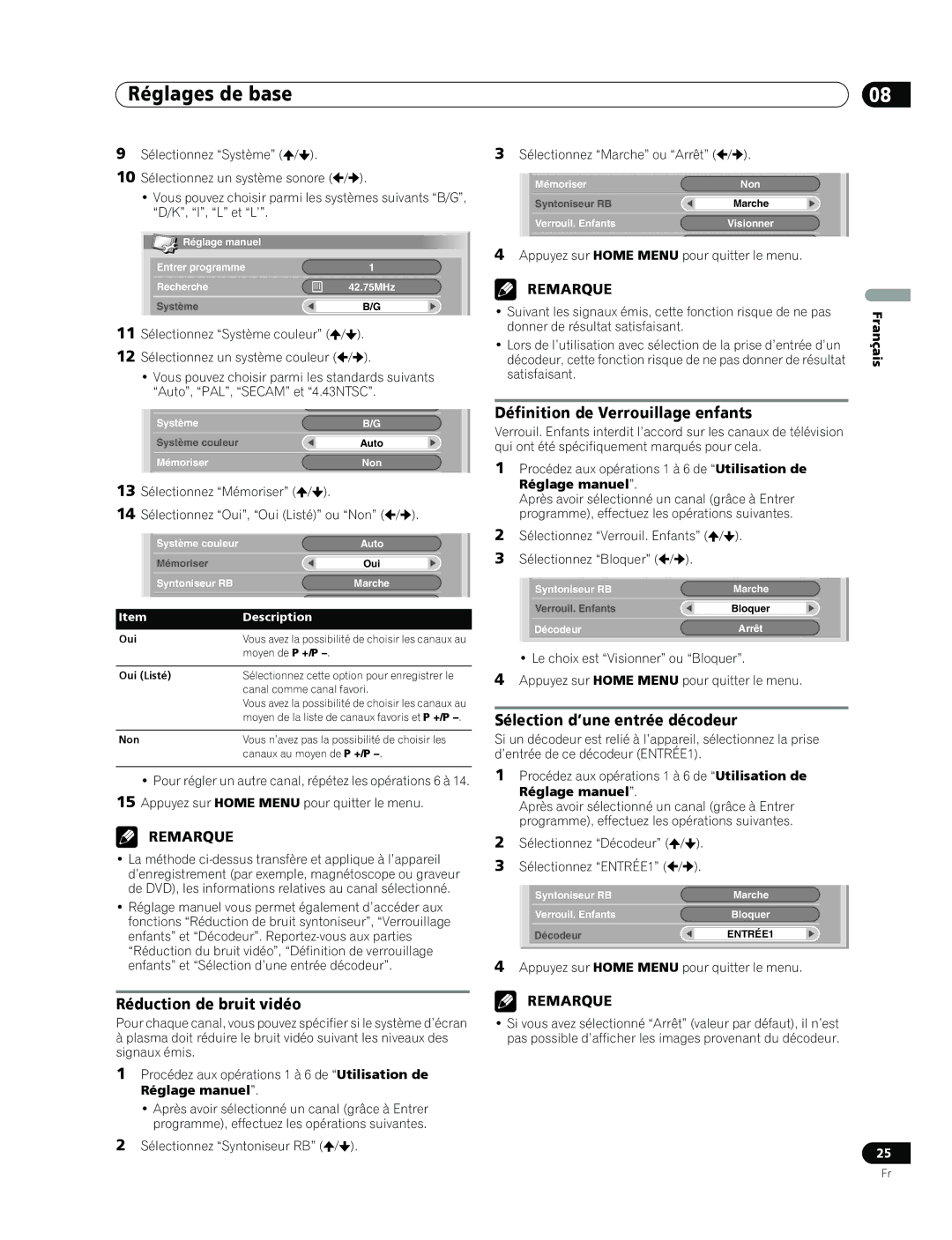 Pioneer PDP-436RXE manual Réduction de bruit vidéo, Définition de Verrouillage enfants, Sélection d’une entrée décodeur 