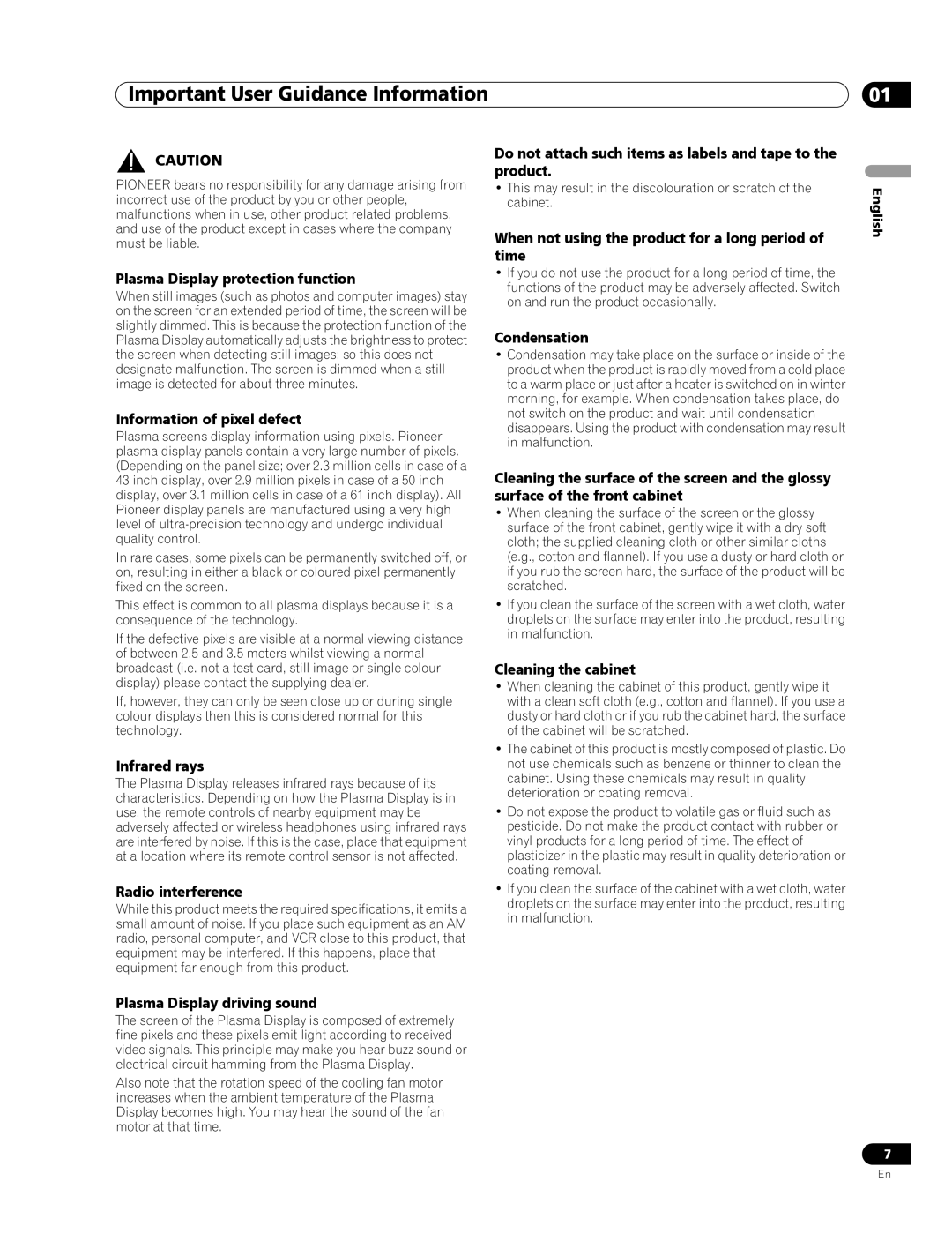 Pioneer PDP-436RXE Plasma Display protection function, Information of pixel defect, Infrared rays, Radio interference 