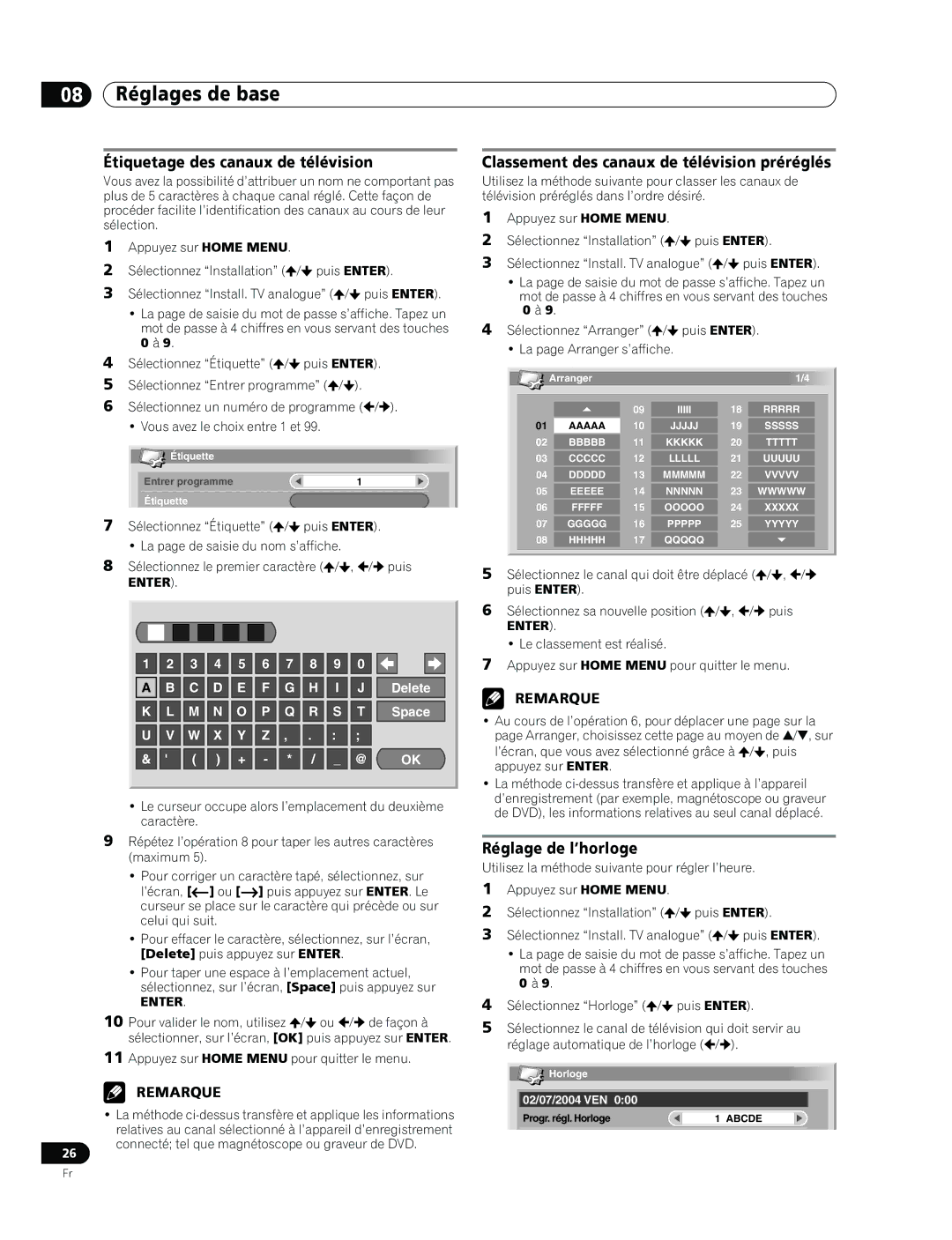 Pioneer PDP-436RXE manual Étiquetage des canaux de télévision, Classement des canaux de télévision préréglés 