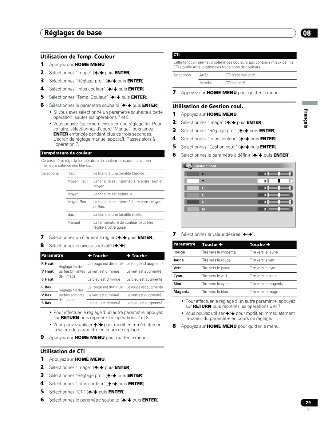 Pioneer PDP-436RXE manual Utilisation de Temp. Couleur, Utilisation de CTI, Utilisation de Gestion coul, Puis Enter 