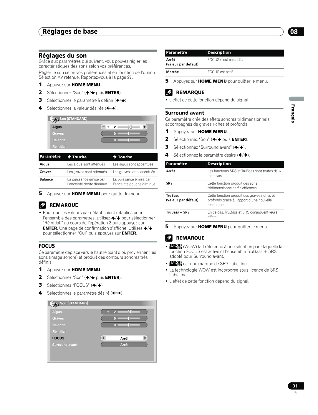 Pioneer PDP-436RXE manual Réglages du son, Surround avant, ’effet de cette fonction dépend du signal 