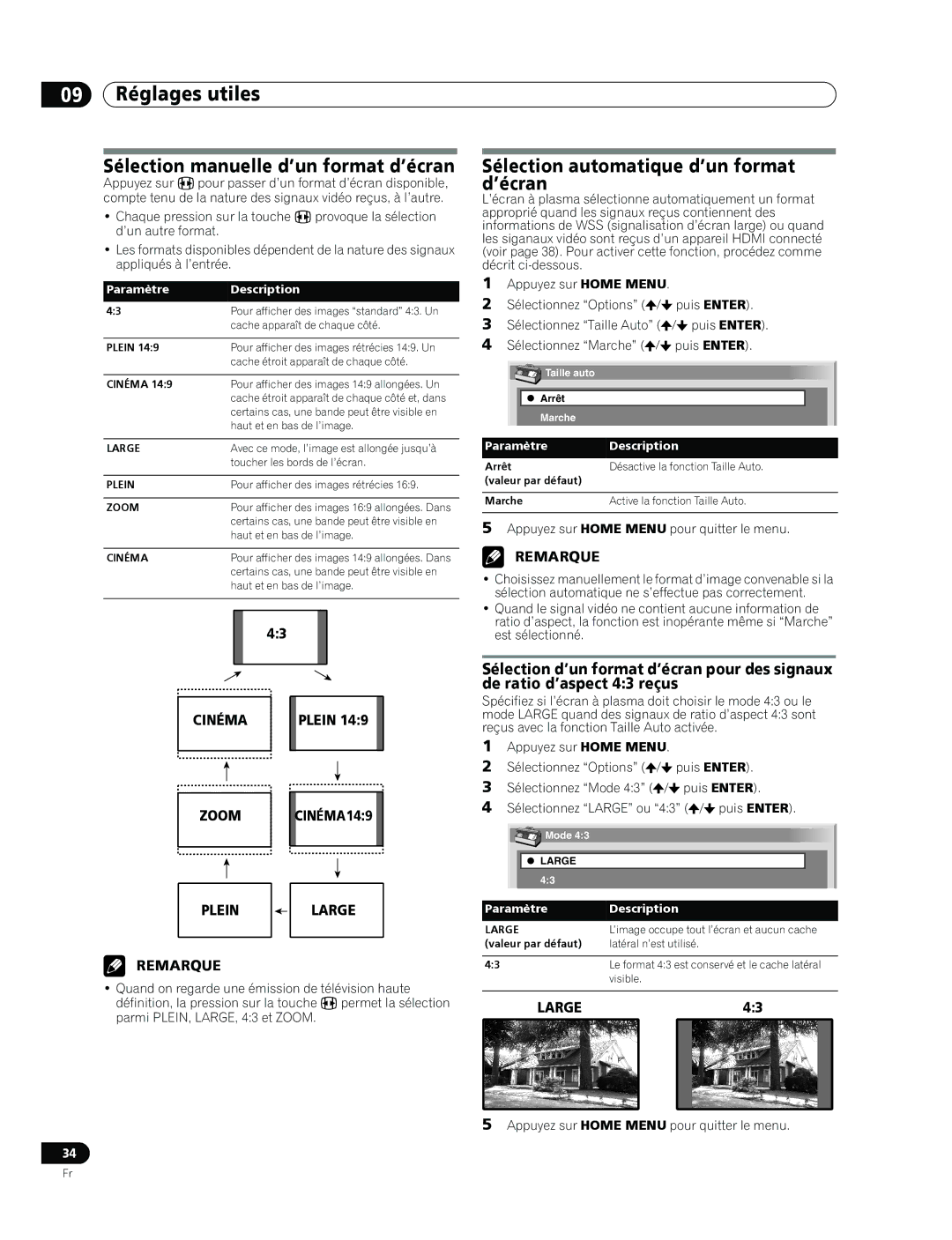 Pioneer PDP-436RXE 09 Réglages utiles, Sélection manuelle d’un format d’écran, Sélection automatique d’un format d’écran 