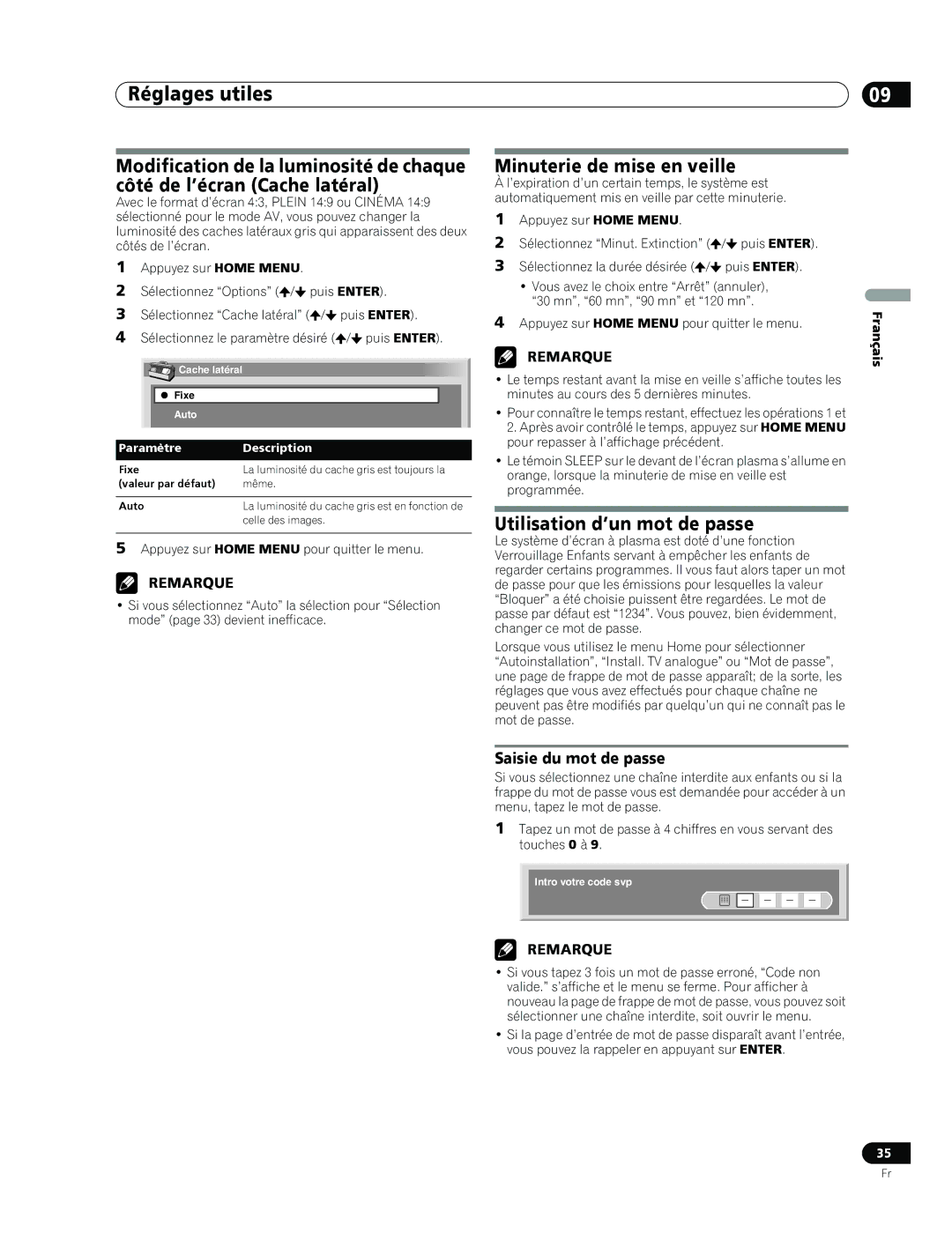 Pioneer PDP-436RXE manual Minuterie de mise en veille, Utilisation d’un mot de passe, Saisie du mot de passe 