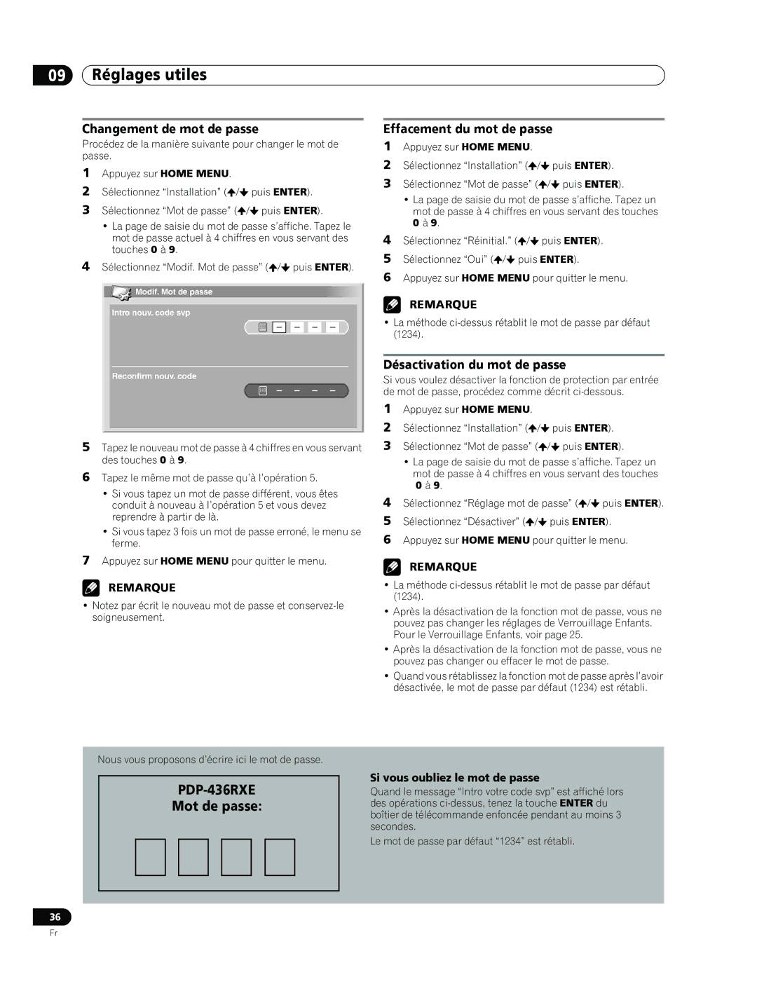 Pioneer PDP-436RXE manual Changement de mot de passe, Effacement du mot de passe, Désactivation du mot de passe 