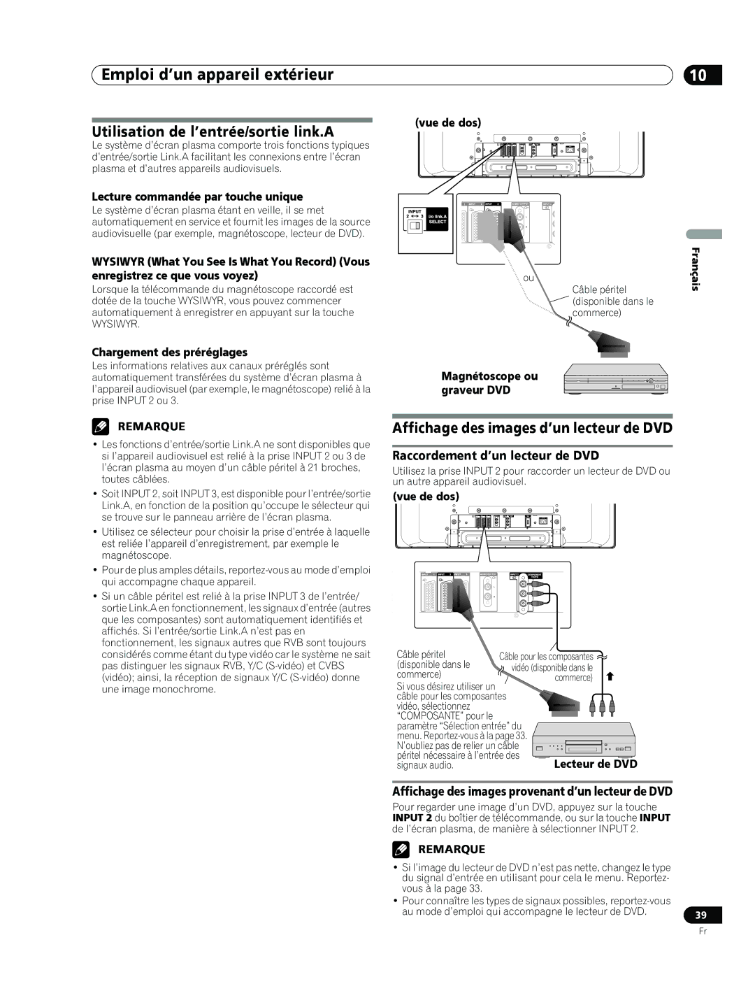 Pioneer PDP-436RXE manual Utilisation de l’entrée/sortie link.A, Affichage des images d’un lecteur de DVD 