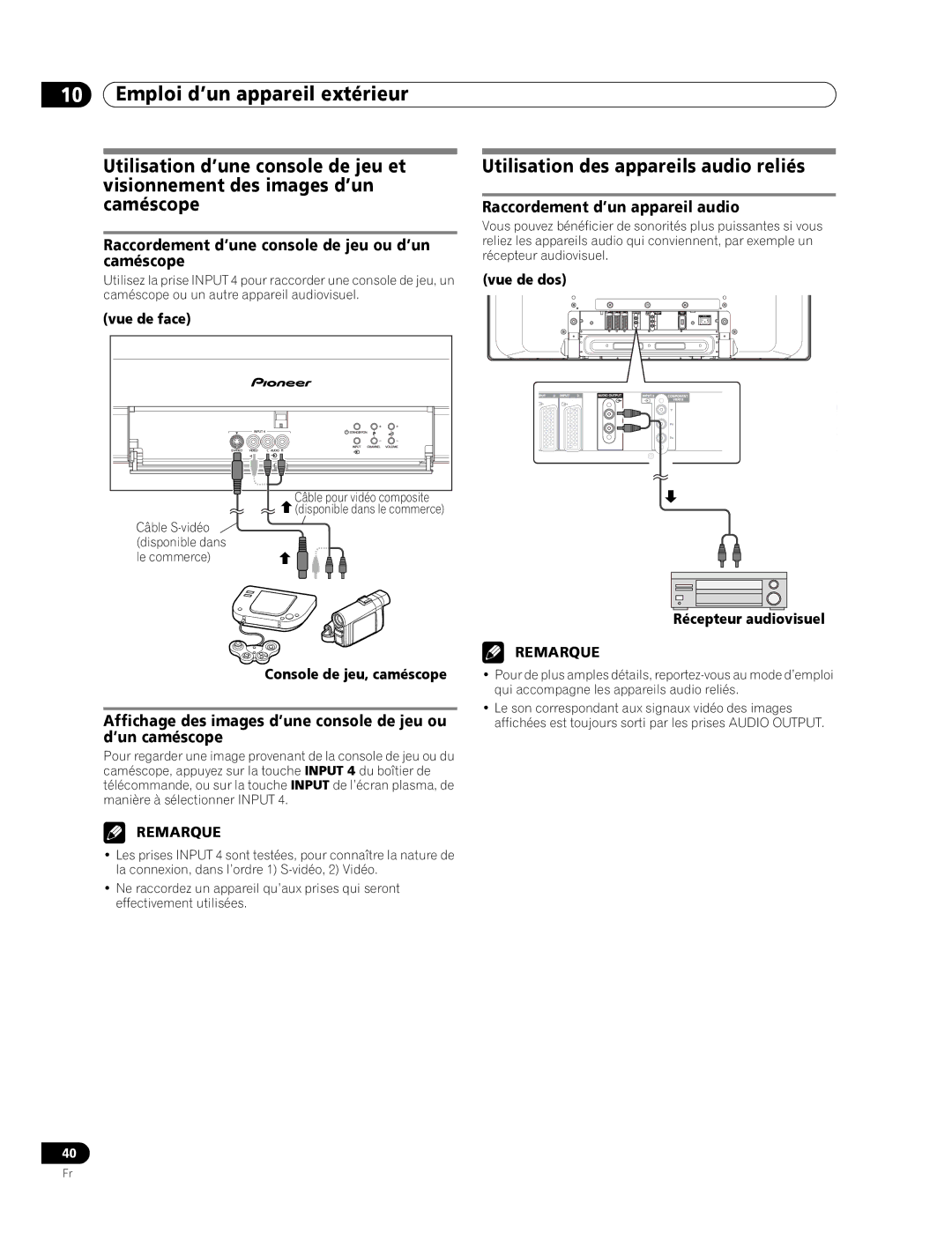 Pioneer PDP-436RXE manual Utilisation des appareils audio reliés, Raccordement d’une console de jeu ou d’un caméscope 