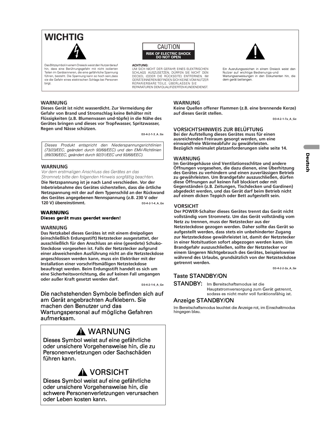 Pioneer PDP-436RXE manual Taste STANDBY/ON, Anzeige STANDBY/ON, Warnung, Vorsichtshinweis ZUR Belüftung 