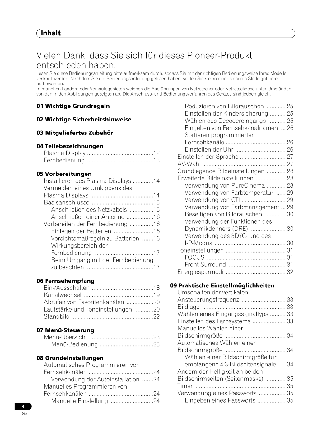 Pioneer PDP-436RXE manual Inhalt 