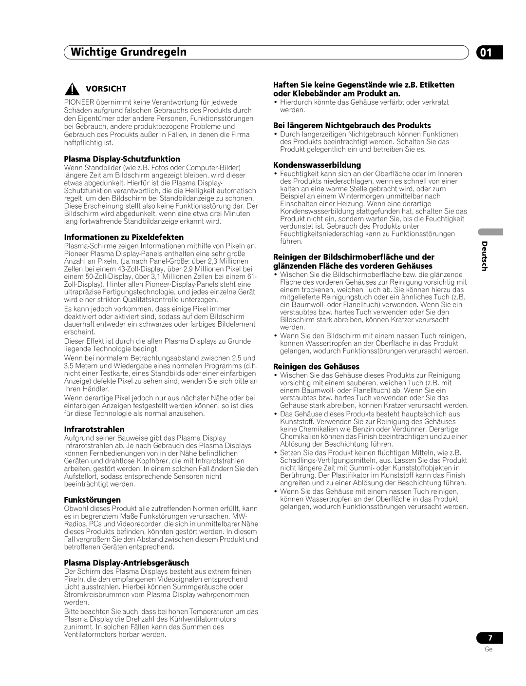 Pioneer PDP-436RXE manual Plasma Display-Schutzfunktion, Informationen zu Pixeldefekten, Infrarotstrahlen, Funkstörungen 