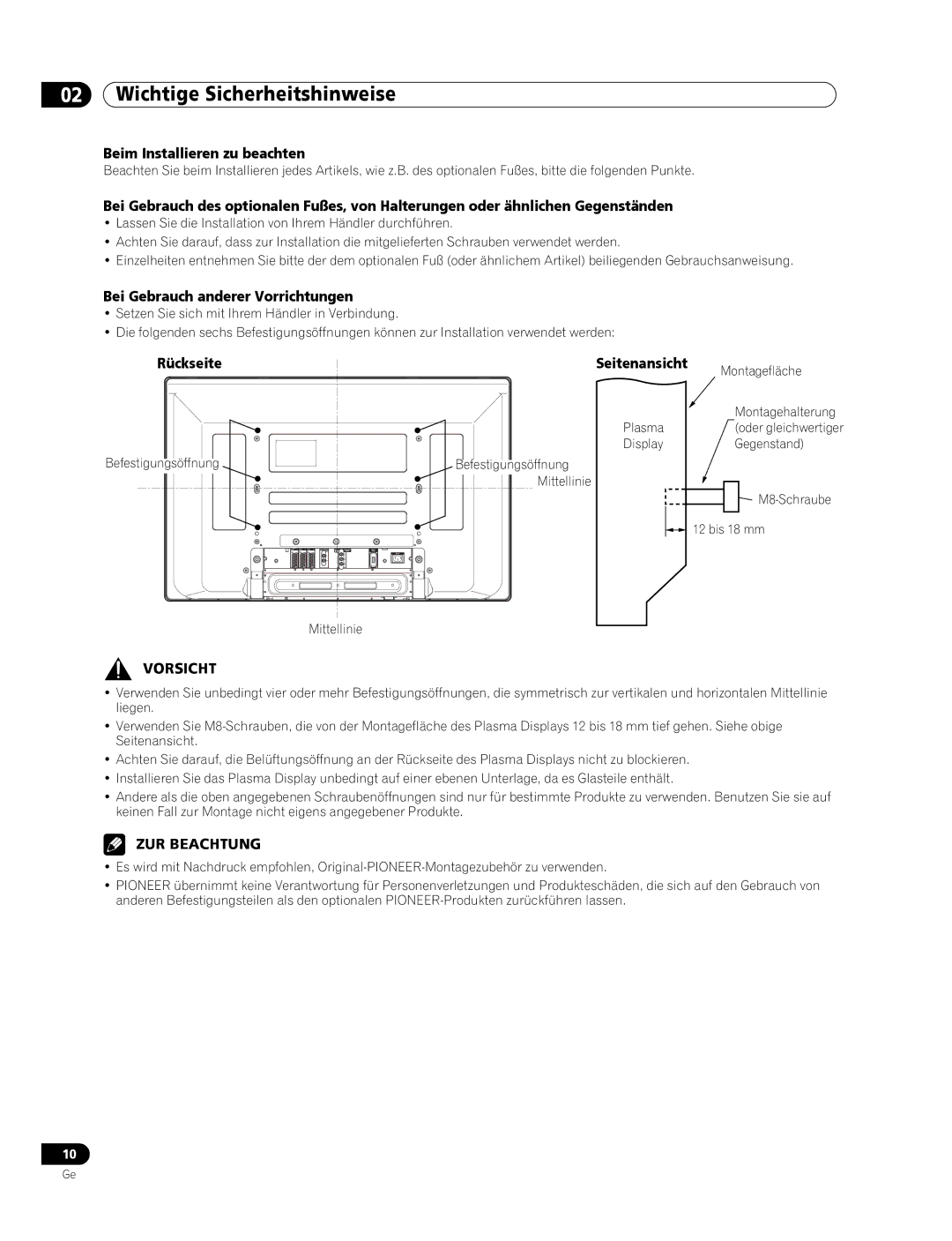 Pioneer PDP-436RXE manual Beim Installieren zu beachten, Bei Gebrauch anderer Vorrichtungen, Rückseite, Seitenansicht 