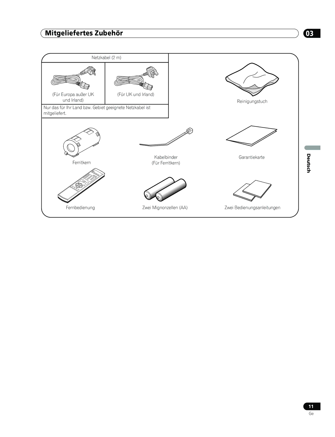 Pioneer PDP-436RXE manual Mitgeliefertes Zubehör, Netzkabel 2 m Für Europa außer UK Für UK und Irland, Fernbedienung 