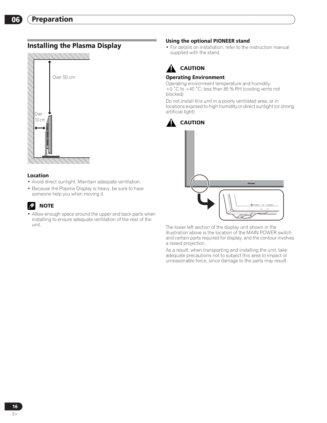 Pioneer PDP-5000EX manual Installing the Plasma Display, Location, Using the optional Pioneer stand Operating Environment 
