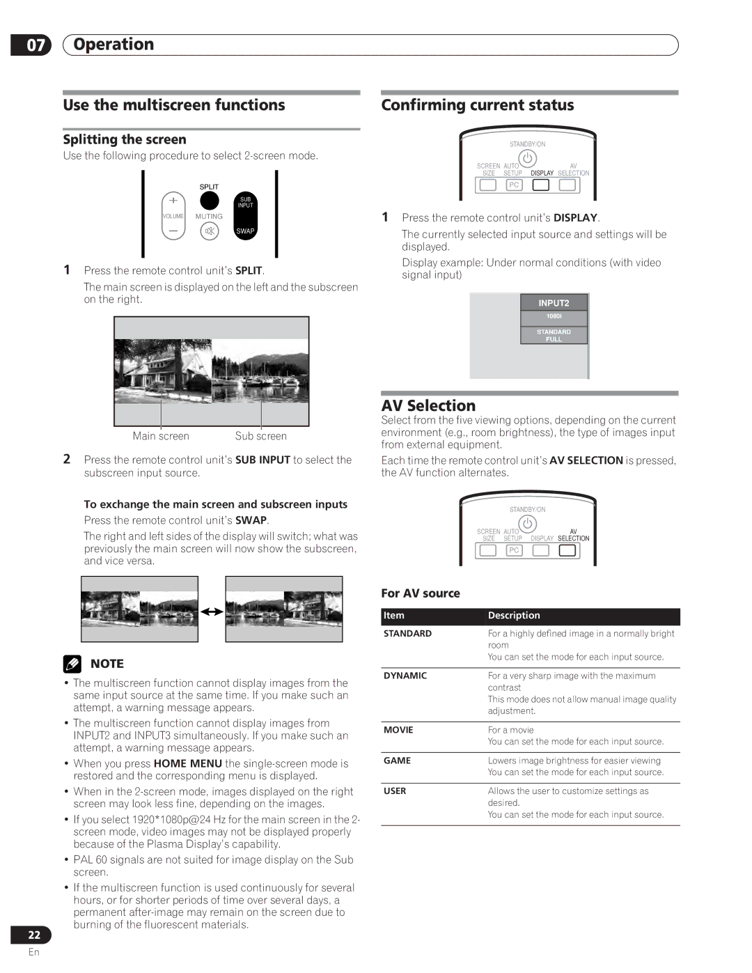 Pioneer PDP-5000EX manual Use the multiscreen functions Confirming current status, AV Selection, Splitting the screen 