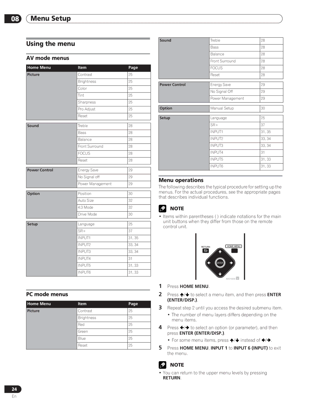 Pioneer PDP-5000EX manual Using the menu, AV mode menus, PC mode menus, Menu operations 