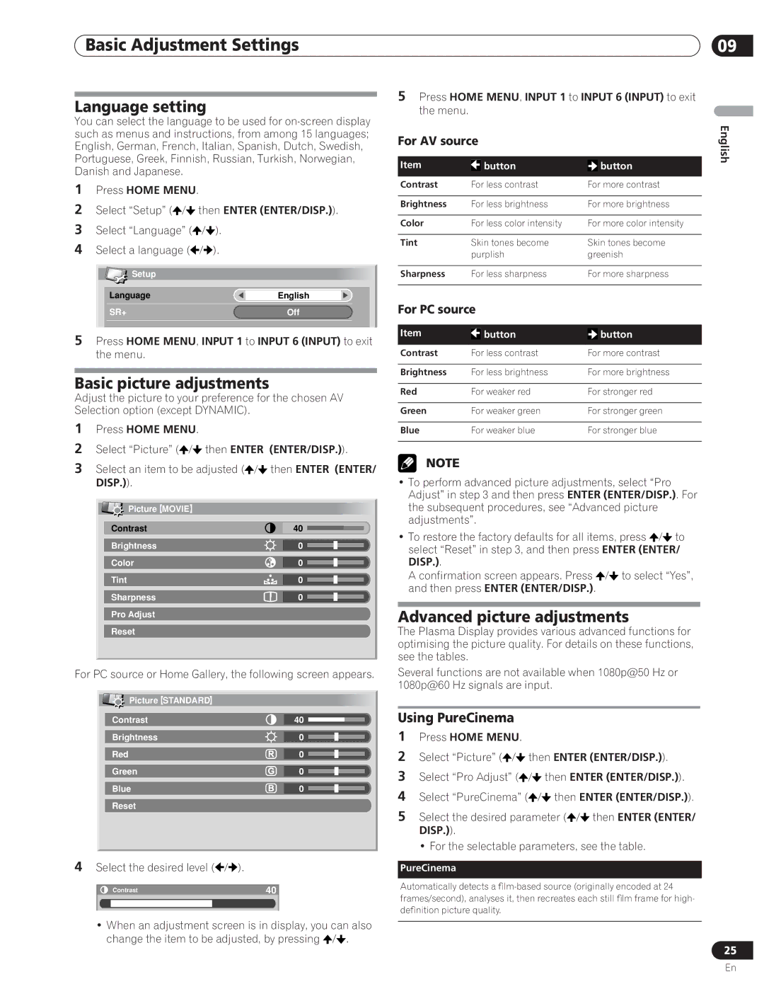 Pioneer PDP-5000EX Basic Adjustment Settings, Language setting, Basic picture adjustments, Advanced picture adjustments 