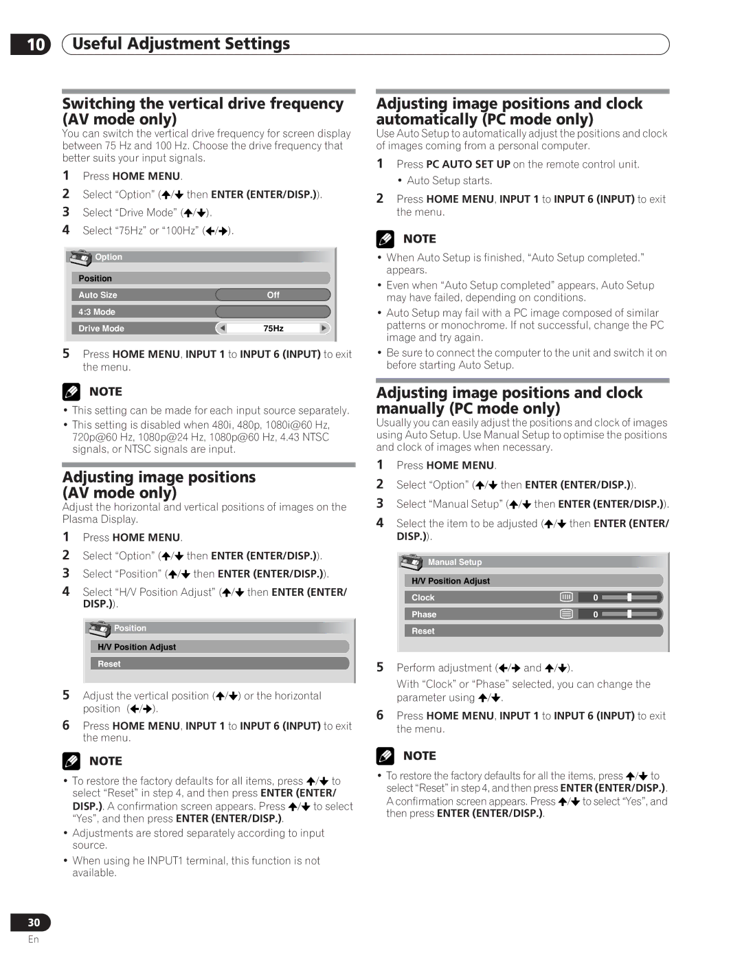 Pioneer PDP-5000EX manual Switching the vertical drive frequency AV mode only, Adjusting image positions AV mode only 