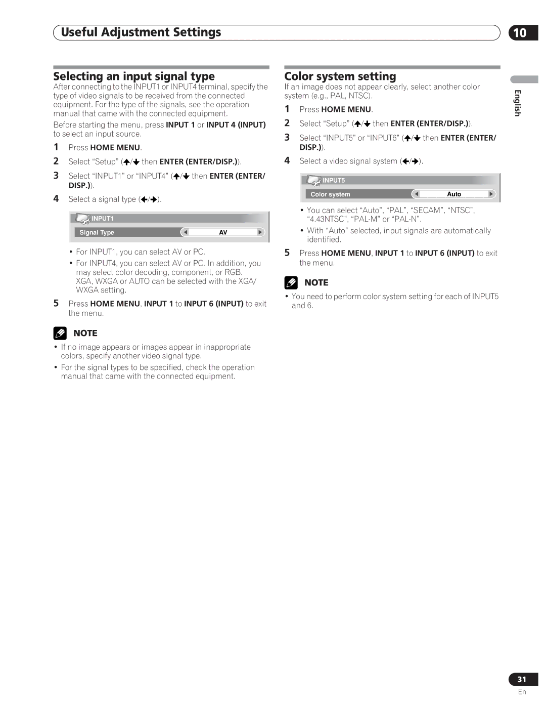 Pioneer PDP-5000EX manual Selecting an input signal type, Color system setting 