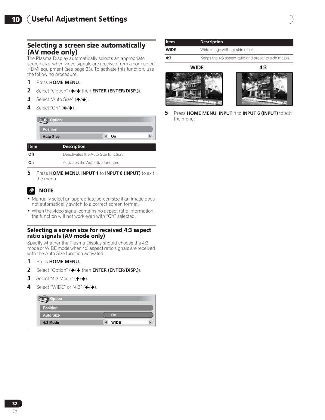 Pioneer PDP-5000EX manual Selecting a screen size automatically AV mode only, Description 